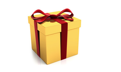 Golden present box with red silk ribbon