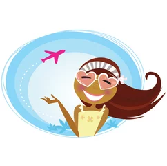 Deurstickers Vliegtuigen Meisje op de luchthaven die op vakantie reist