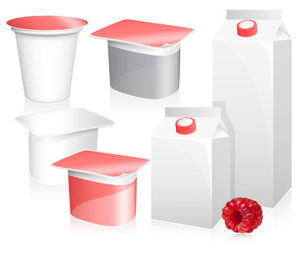 Vector set of blank milk and yoghurt packs with raspberry