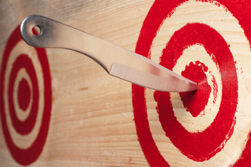 Target and throwing knife close up.
