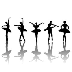 Five ballet dancers silhouettes in different positions, vector i - obrazy, fototapety, plakaty