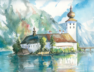 Fototapeta na wymiar Palace on the lake watercolor painted.