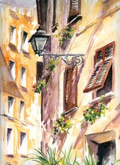 Papier Peint photo Lavable Café de rue dessiné Rue italienne avec aquarelle de lanterne peinte.