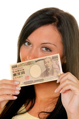 Woman with Japanese yen bank notes