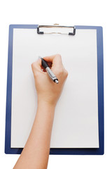 clipboard and hand on a white background
