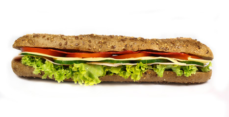 rench wholemeal baguette sandwich on white background