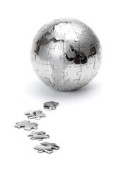 Metal puzzle globe isolated on white background