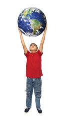 asian boy holding earth planet