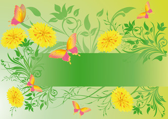 Spring banner with butterflies and dandelions. vector.