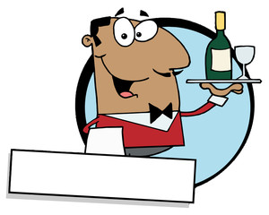 Logo Mascot-Friendly African American Male Butler Serving Wine