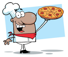 Happy African American Chef Presenting His Pizza Pie