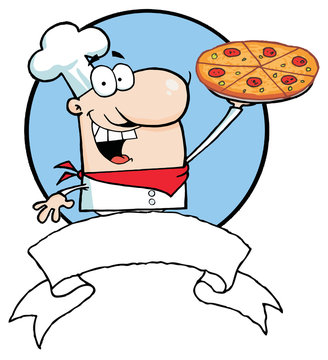 Cartoon Proud Chef Holds Up Pizza