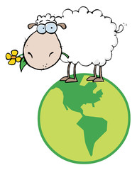 White Sheep Standing On A Globe, Carrying A Flower In Its Mouth