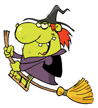 Happy Witch Rides Broom