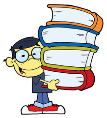 Smart Asian School Boy Carrying A Stack Of Books