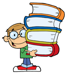 Smart Caucasian School Boy Carrying A Stack Of Books