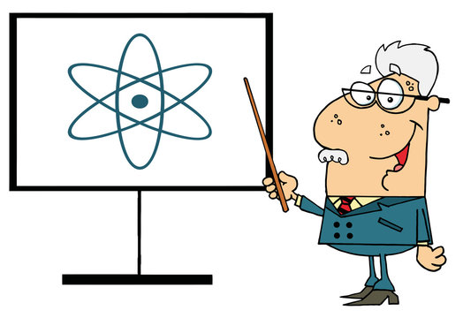 Senior Professor Pointing To An Atom Sign
