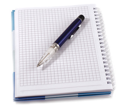 Notebook with blue pen, isolated