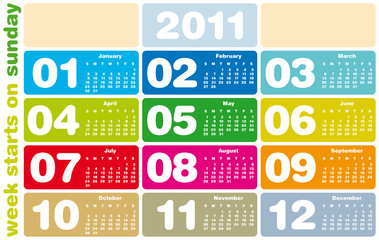 Colorful Calendar 2011, week starts on Sunday