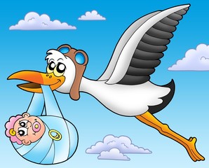 Flying stork with baby - obrazy, fototapety, plakaty