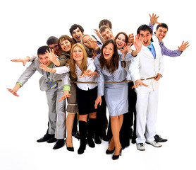 Young business people tied up together against white background.