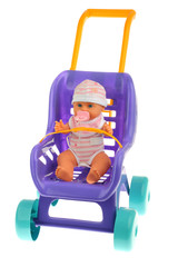 Violet doll buggy isolated on white