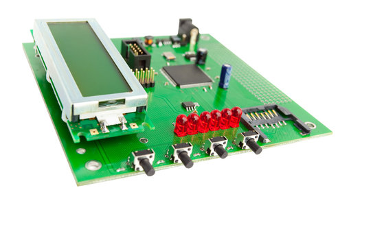 Electronic board with chip isolated on white
