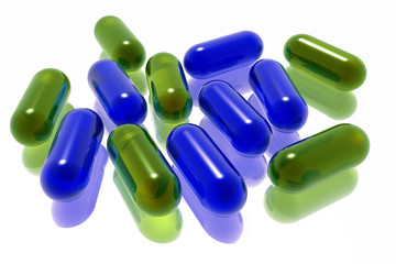 red and blue pills on white background