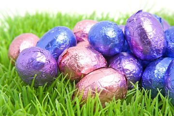 colorful easter eggs on grass over white background