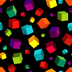 Seamless black pattern with colourful cubes