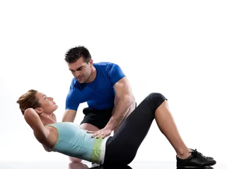  couple, on floor Abdominals workout posture on white background © snaptitude