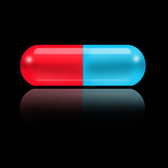 Pill and her reflection isolated on black background