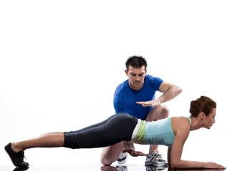 couple, on Abdominals workout  posture on white background