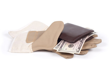 Glove, purse, money isolated on a white background shadow below.