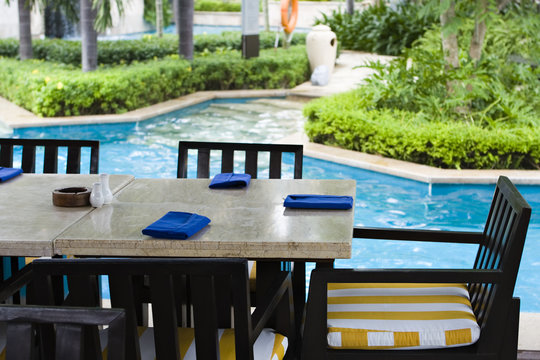Poolside Dining Table At Tropical Resort, Sanya, Hainan, China