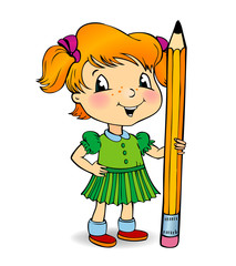 Vector illustration of little girl holding a pencil.