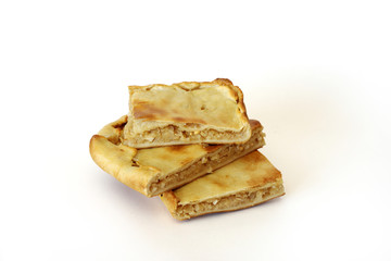 Baked cabbage pie on white background
