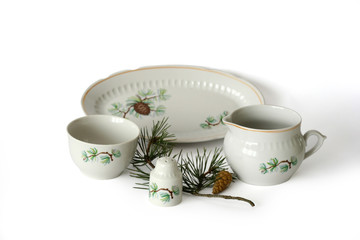 tableware and  pine branch on white background