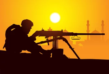 Foto op Plexiglas Soldaten schutter. Silhouet van een soldaat met een machinegeweer