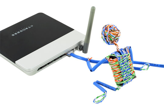 Twisted man connects wireless router
