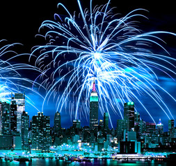 The New York City skyline and fireworks