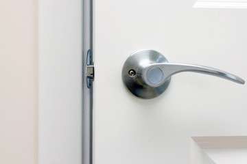 Lever door handle on white door.