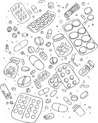 illustraition of various pills, hand drawn design set.