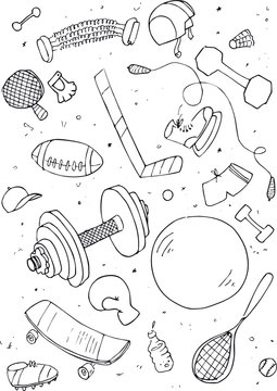 illustraition of sports accessories, hand drawn design set.