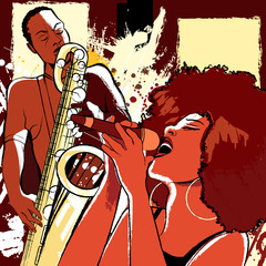 jazz singer and saxophonist on grunge background