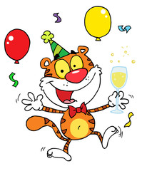 Cartoon Character Animal Happy Tiger In Party