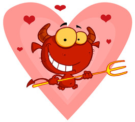 Happy little devil with pitchfork with little hearts