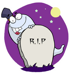 Cartoon character happy ghost behind the tombstone