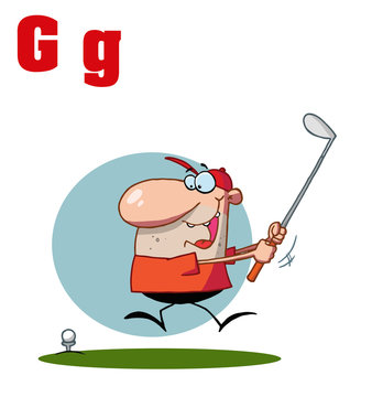 Funny Cartoons Alphabet-Male Golfer With Letters G