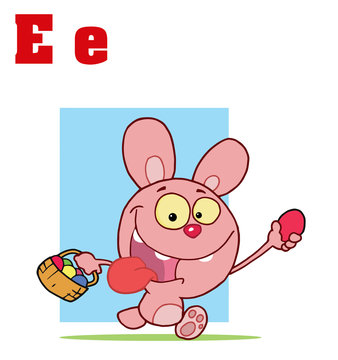 Funny Cartoons Alphabet-Easter Bunny With Letters E